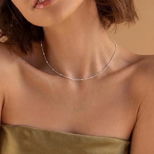 Tewiky Silver Chain Necklace for Women, Dainty Silver Beaded Necklaces Simple Choker Necklaces Everyday Beaded Cute Aesthetic Jewelry for Women - Image 3