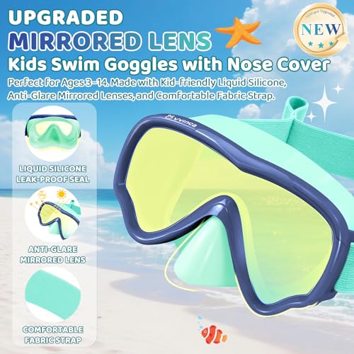 Vvinca Kids Swim Goggles with Nose Cover AntiFogUV Swimming Mask for Boys Girls 315 No Hair Pulling Fabric Strap Wide View Waterproof Children Pool Goggles for Snorkeling Diving Lessons - Image 3