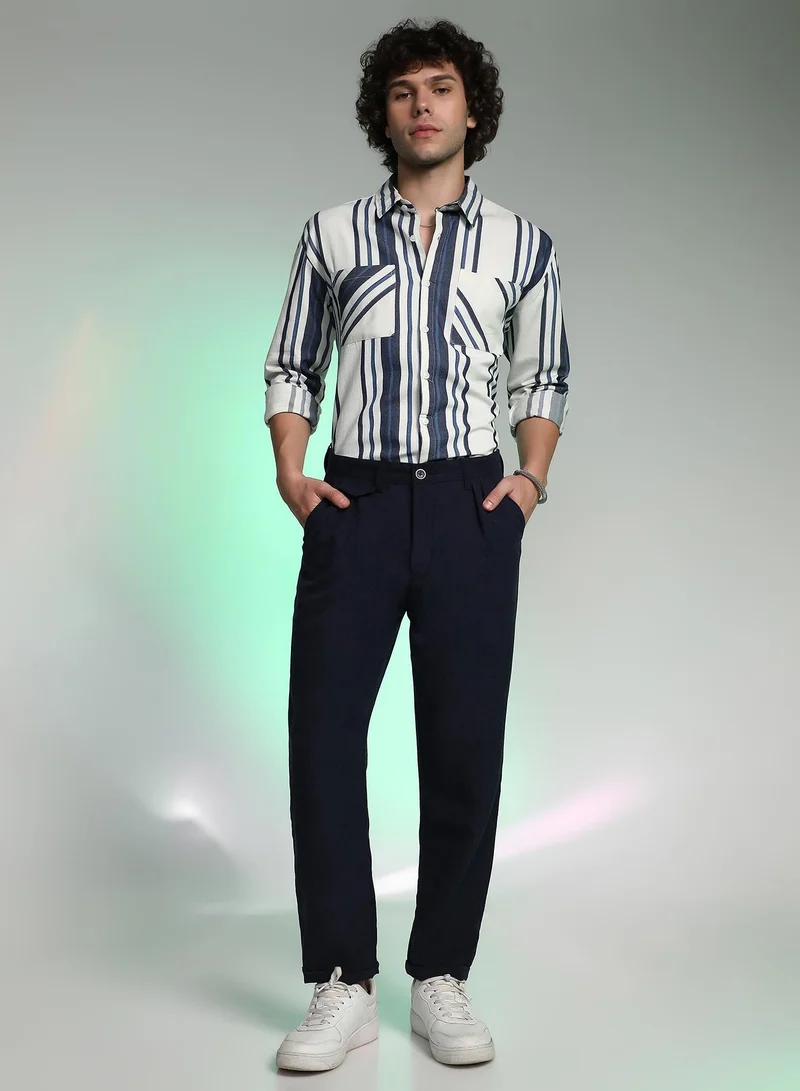Campus Sutra Men's Prussian Blue Velvique Tailored Trousers