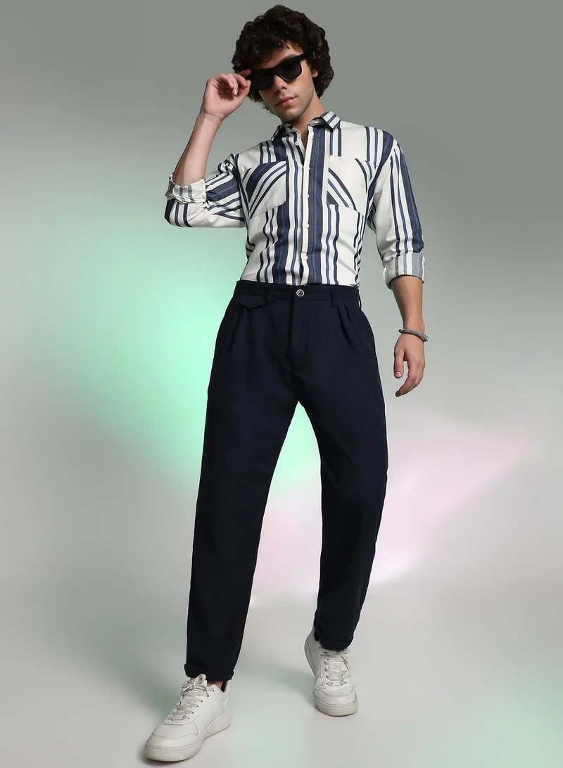 Campus Sutra Men's Prussian Blue Velvique Tailored Trousers