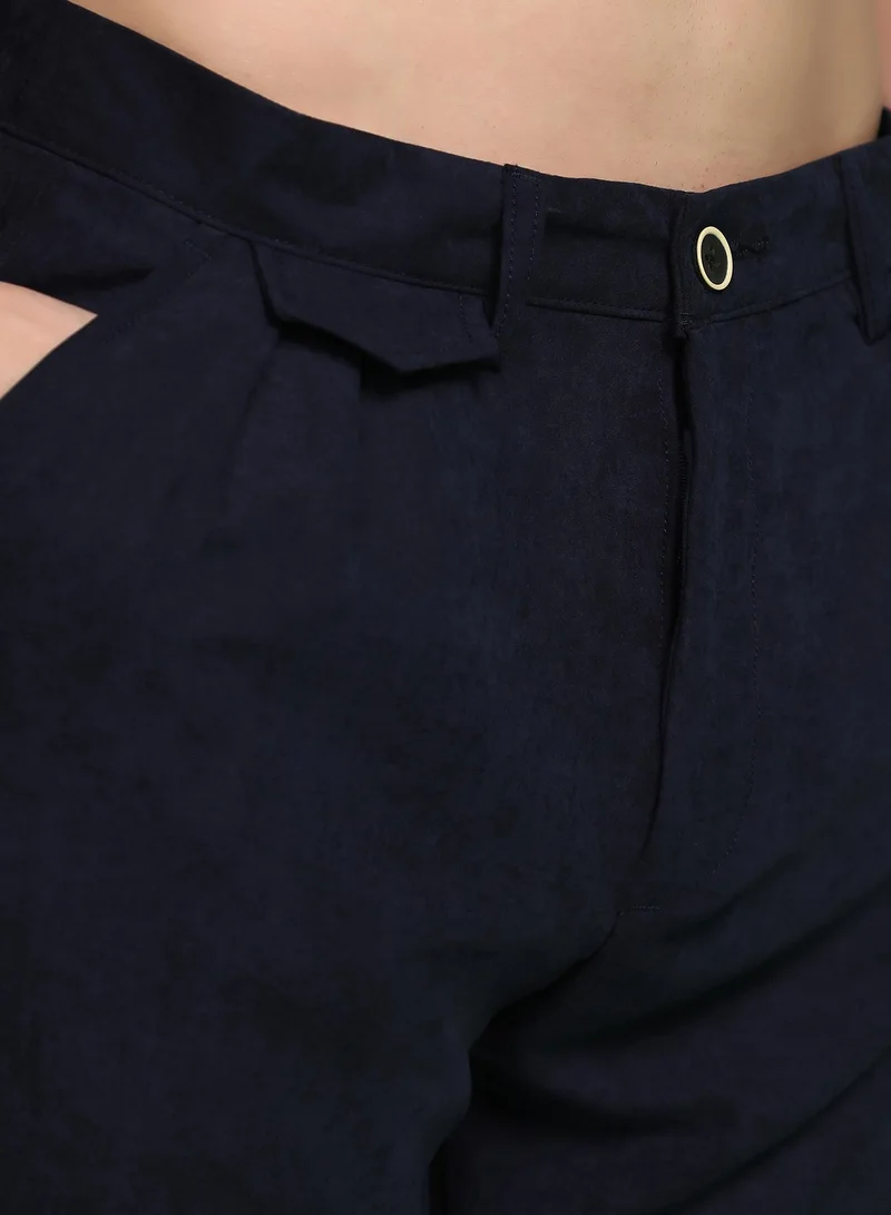 Campus Sutra Men's Prussian Blue Velvique Tailored Trousers