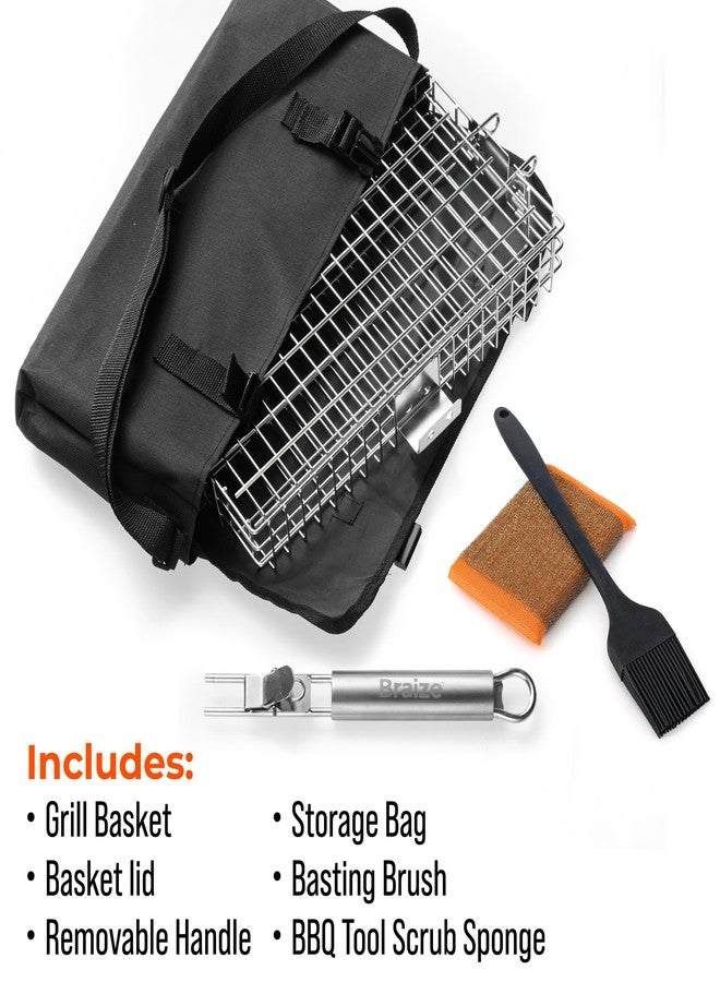 Braize Adjustable Grill Basket with Removable Handle, Silicone Basting Brush, and Steel-fiber Scrub Sponge - 16 x 7.25 x 2.25 Inches - Includes Carry/Storage Bag - Image 4