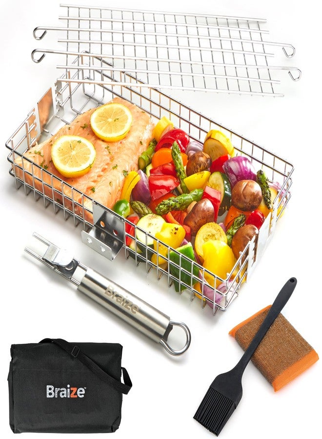 Braize Adjustable Grill Basket with Removable Handle, Silicone Basting Brush, and Steel-fiber Scrub Sponge - 16 x 7.25 x 2.25 Inches - Includes Carry/Storage Bag - Image 1