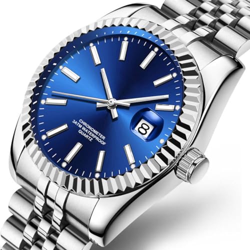 SENRUD Men's Classic Design Analog Quartz Watches Fashion Business Watch Stainless Steel Waterproof Date Casual Wrist Watch for Men (01Blue) - Image 2