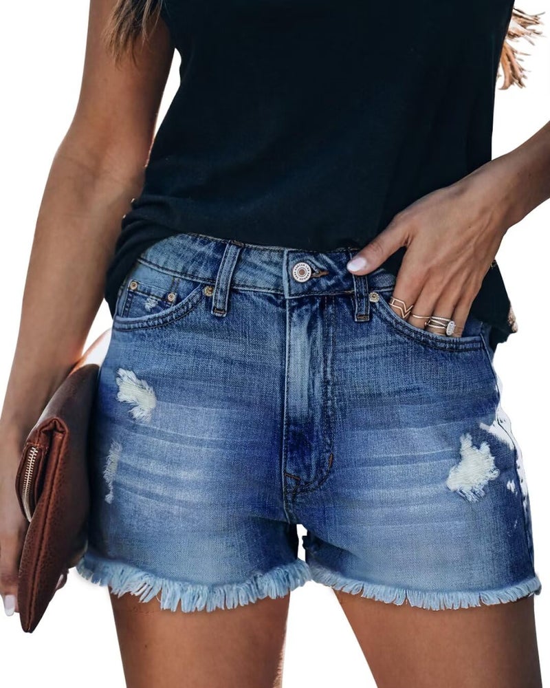 ZOLUCKY Shorts for Women Denim Mid Rise Stretchy Ripped Shorts Frayed Raw Hem Jean Shorts Navy XL - Image 1