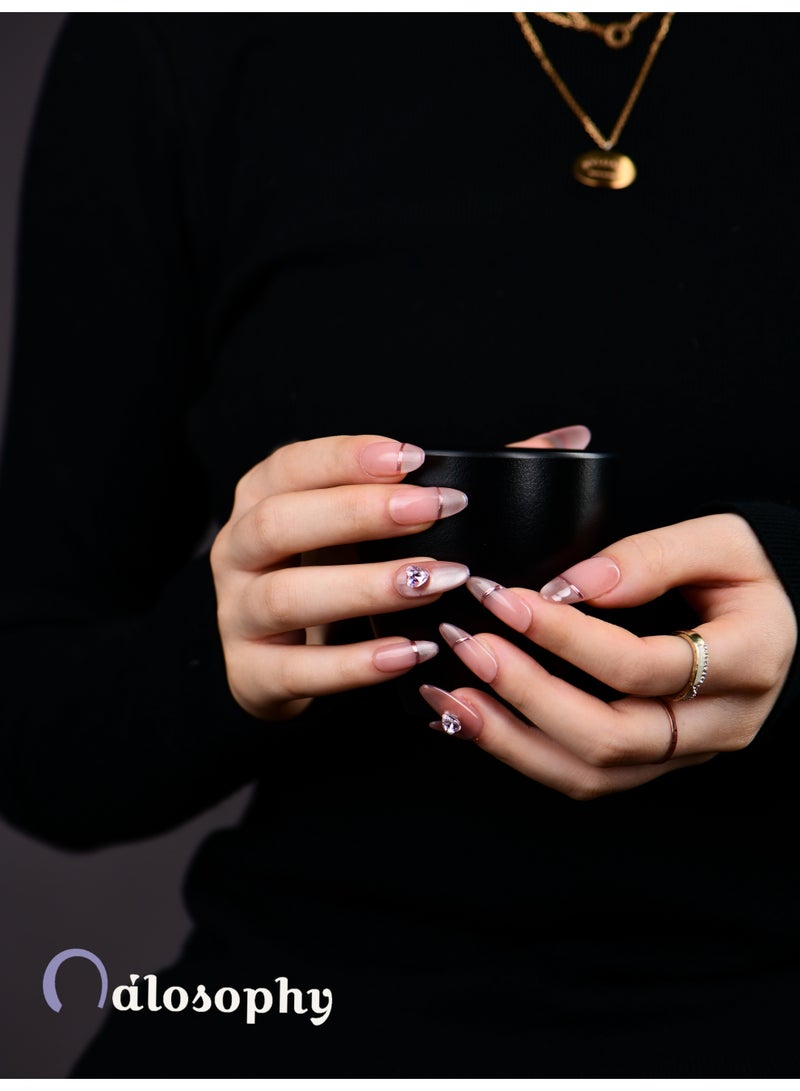 Nailosophy Zayn-Inspired Nude Press-On Nails | Rose Nude with Chrome Lines & Heart Crystals - Image 3