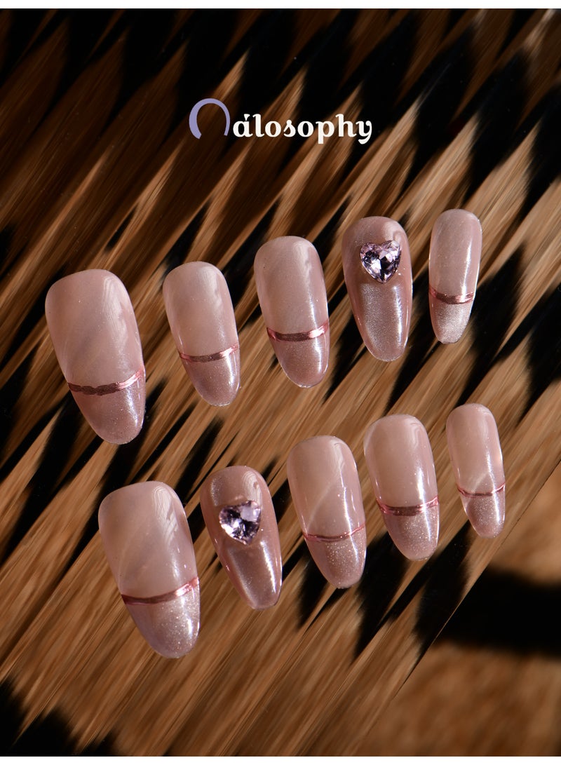 Nailosophy Zayn-Inspired Nude Press-On Nails | Rose Nude with Chrome Lines & Heart Crystals - Image 1