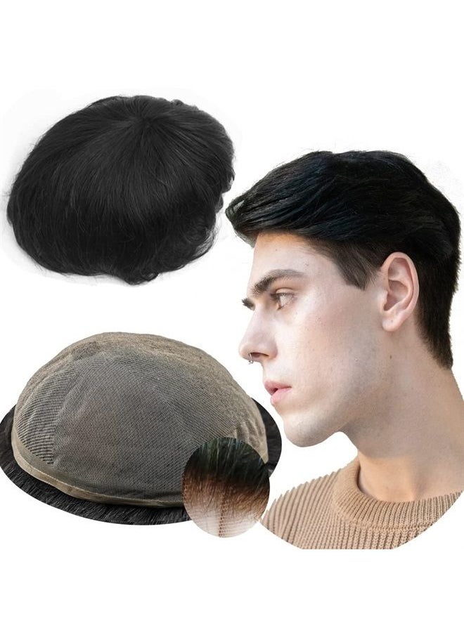 YANAHAIR - Toupee for Men men hair pieces Mens Toupee Human Hair Replacement System mens lace hairpiece 100% European Real Human Hair Men Breathable Fine French Lace Hair System (#1B Off Black, 8x10) - Image 1