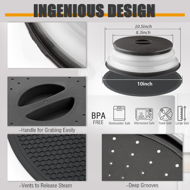 MAGJIUKE Microwave Splatter Cover & Silicone Mat – Collapsible, Vented, Reusable Food Guard and Plate Cover with Heat-Resistant Trivet for Pots, Pans, and Kitchen Counter, Black - Image 2
