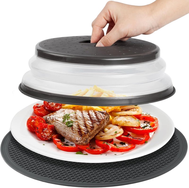 MAGJIUKE Microwave Splatter Cover & Silicone Mat – Collapsible, Vented, Reusable Food Guard and Plate Cover with Heat-Resistant Trivet for Pots, Pans, and Kitchen Counter, Black - Image 1