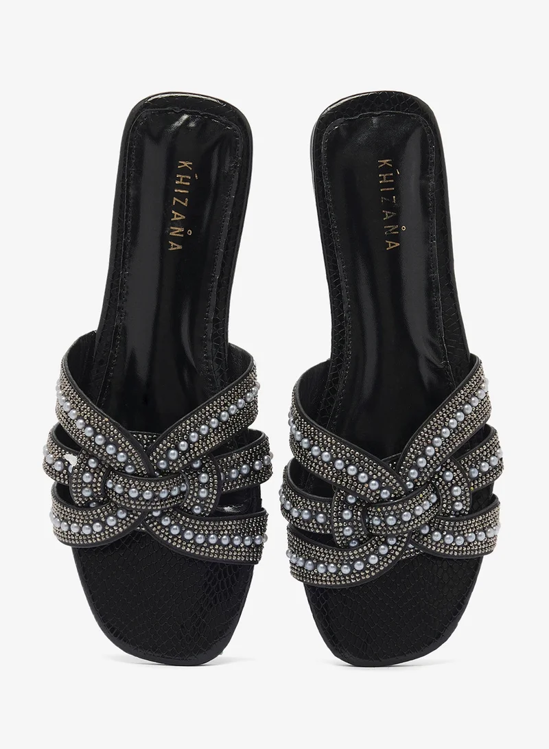 Khizana Black Embellished Flat Sandals for Women | Best Price UAE