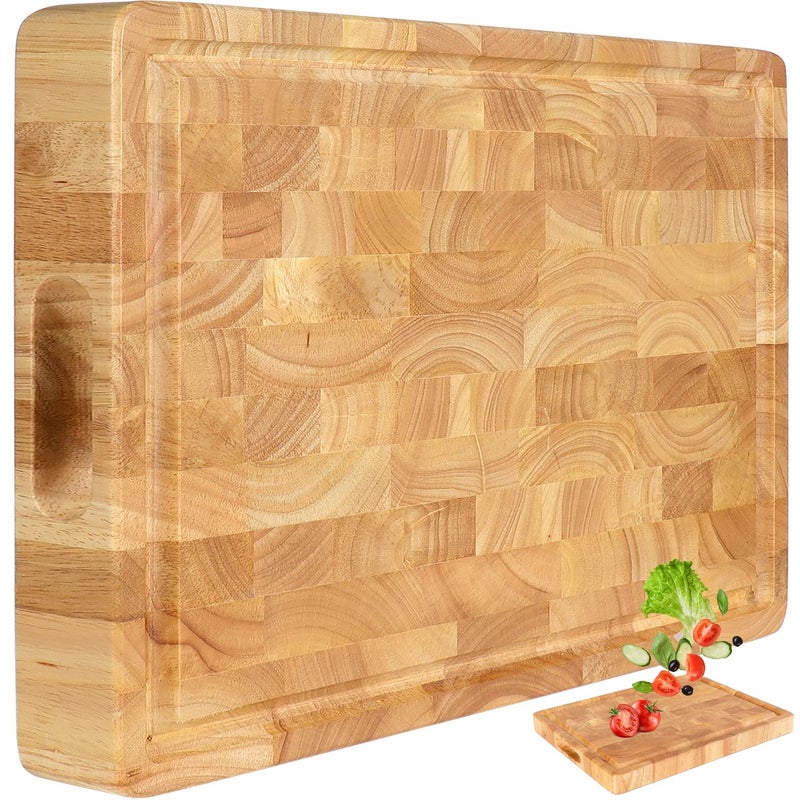 FANICHI Wooden Butcher Block End Grain Cutting Board - 17x13x1.5in Reversible Multipurpose Chopping Board with Juice Groove, Cracker Holder & Inner Handles - Image 1
