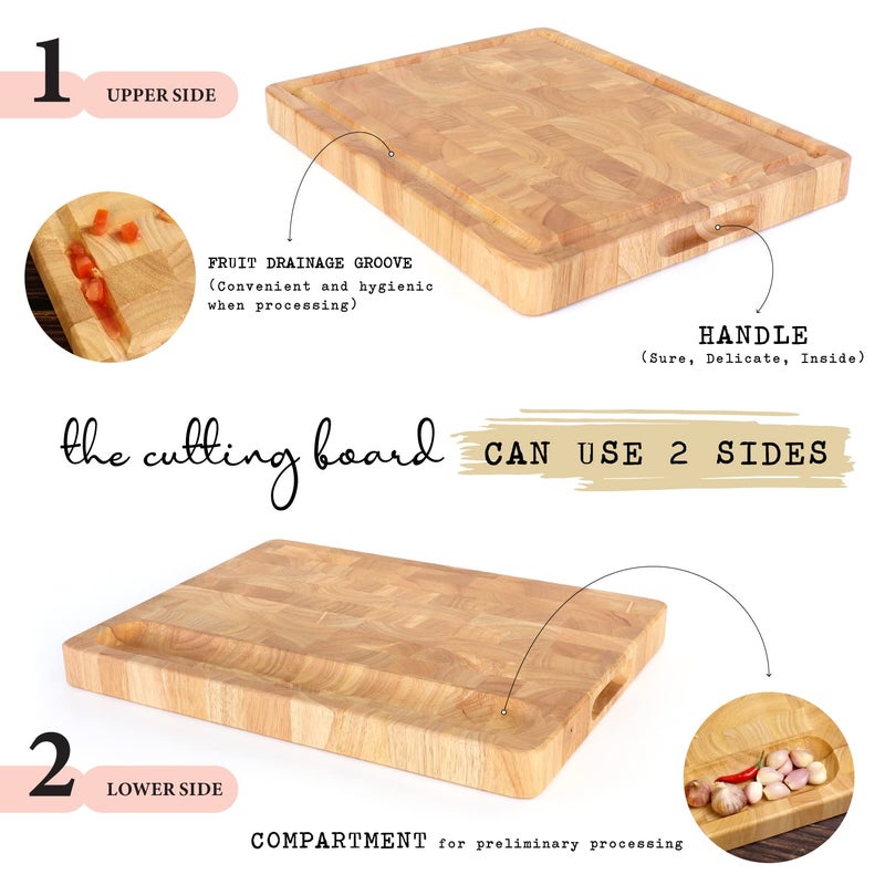 FANICHI Wooden Butcher Block End Grain Cutting Board - 17x13x1.5in Reversible Multipurpose Chopping Board with Juice Groove, Cracker Holder & Inner Handles - Image 2