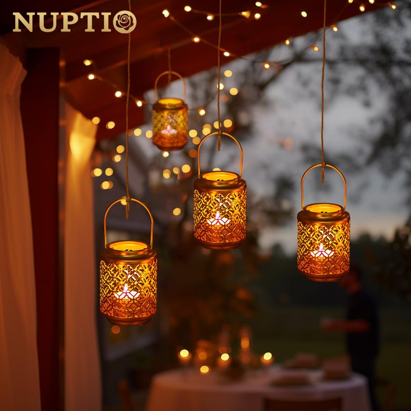 NUPTIO Gold Lanterns for Wedding Centerpieces: 6 Pcs 4.1inch Hanging Metal Tealight Holders Bulk Decorative Mini Tea Lights Indoor Candle Lantern for Thanksgiving Diwali Ramadan Decor (Style 1) - Image 2