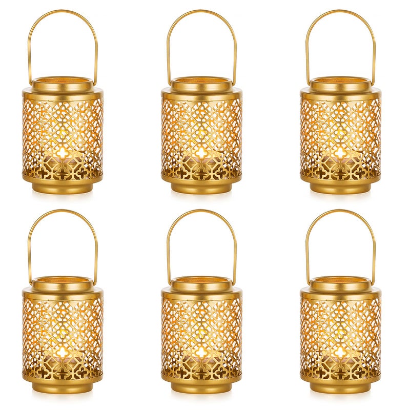 NUPTIO Gold Lanterns for Wedding Centerpieces: 6 Pcs 4.1inch Hanging Metal Tealight Holders Bulk Decorative Mini Tea Lights Indoor Candle Lantern for Thanksgiving Diwali Ramadan Decor (Style 1) - Image 1