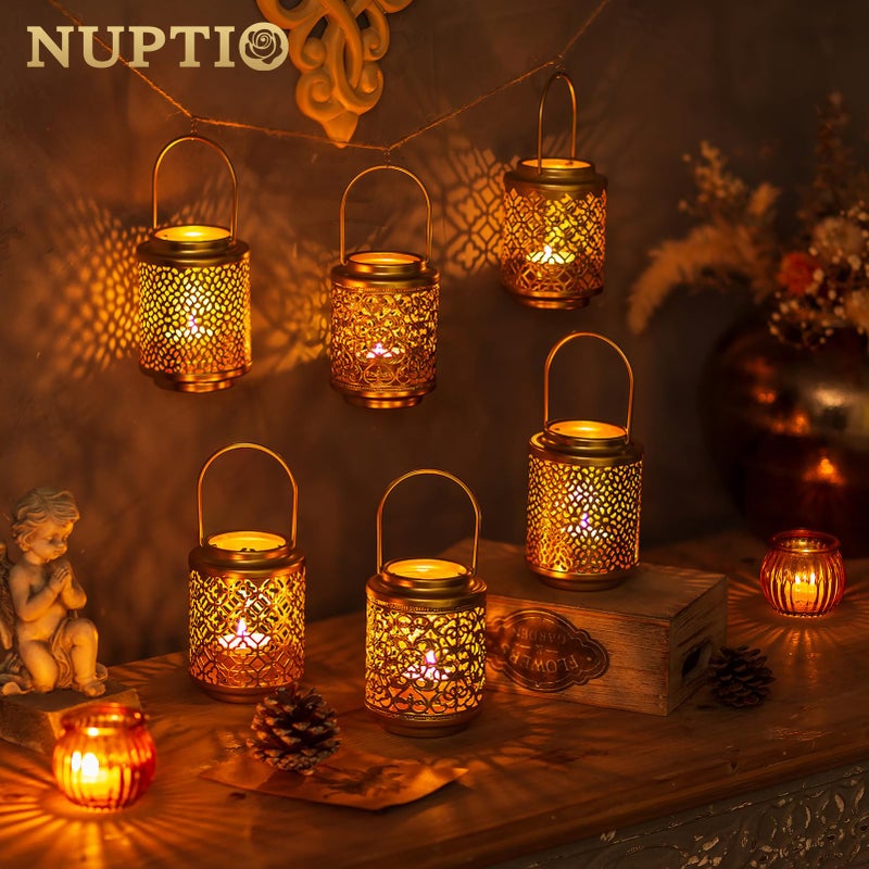 NUPTIO Gold Lanterns for Wedding Centerpieces: 6 Pcs 4.1inch Hanging Metal Tealight Holders Bulk Decorative Mini Tea Lights Indoor Candle Lantern for Thanksgiving Diwali Ramadan Decor (Style 1) - Image 4