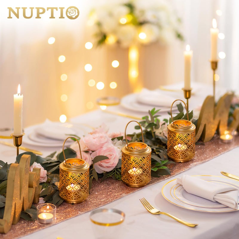 NUPTIO Gold Lanterns for Wedding Centerpieces: 6 Pcs 4.1inch Hanging Metal Tealight Holders Bulk Decorative Mini Tea Lights Indoor Candle Lantern for Thanksgiving Diwali Ramadan Decor (Style 1) - Image 3