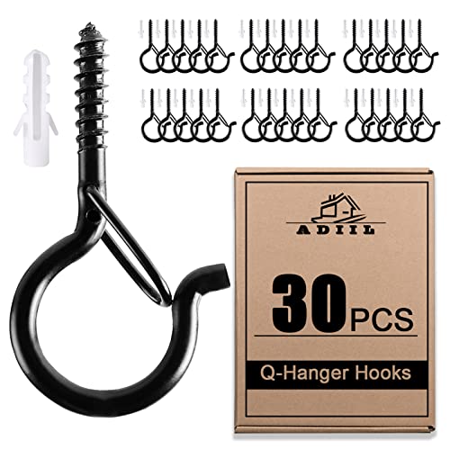 ADIIL 30 PCS Q Hanger Hooks with Safety Buckle, Windproof Screw Hooks for Hanging Outdoor String Lights, Plants, Christmas Patio Lights, 2.2 Inches, Black - Image 1