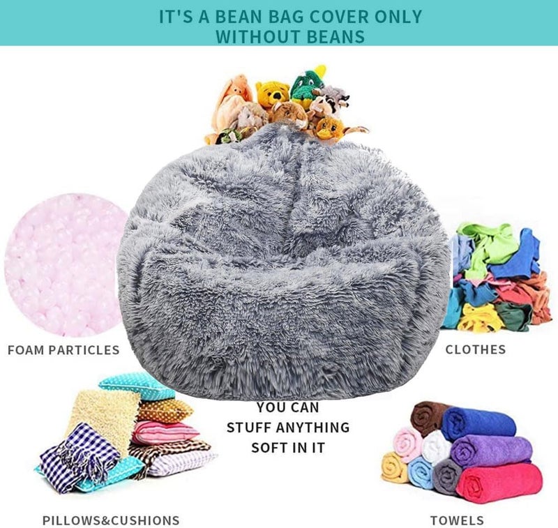 Kisoy Fluffy Stuffed Animal Storage Bean Bag Chair Cover (No Filler), Faux Fur Comfy Bean Bag Cover for Organizing Plush Toys or Textile, for Adults Teens Kids Girls, Gray - Image 3