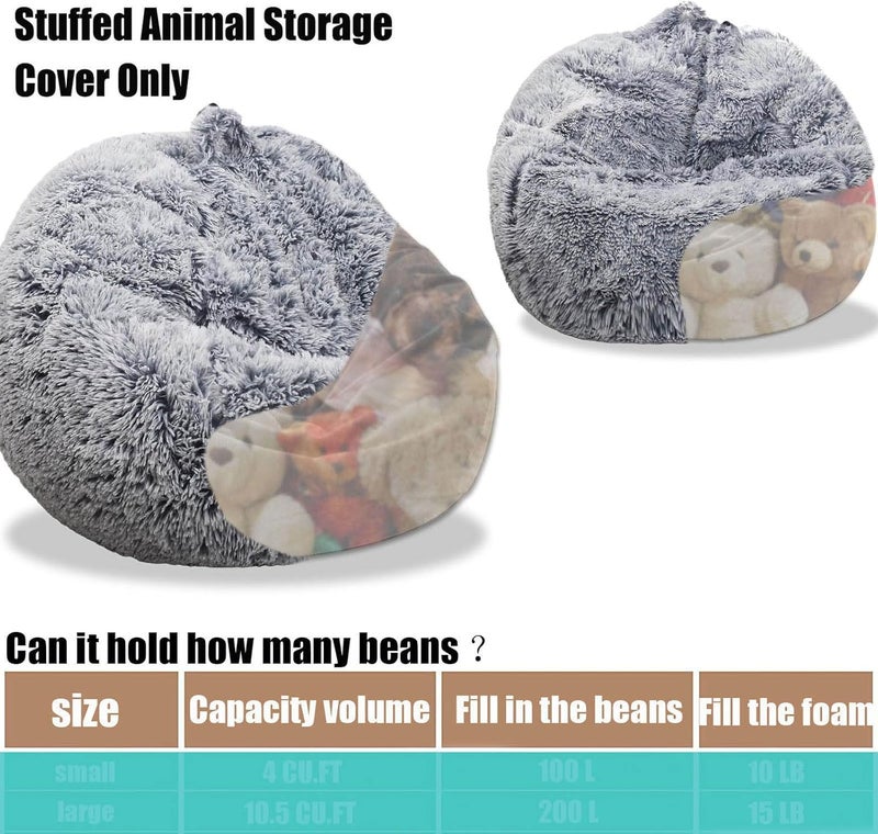 Kisoy Fluffy Stuffed Animal Storage Bean Bag Chair Cover (No Filler), Faux Fur Comfy Bean Bag Cover for Organizing Plush Toys or Textile, for Adults Teens Kids Girls, Gray - Image 4