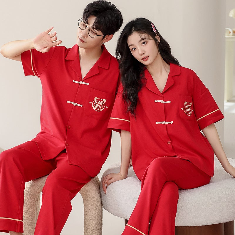 [100% Cotton] Summer Couple Pajamas Women'S Short-Sleeved Pants Suit Men'S Plus Size Summer Thin Home Clothes - Image 1