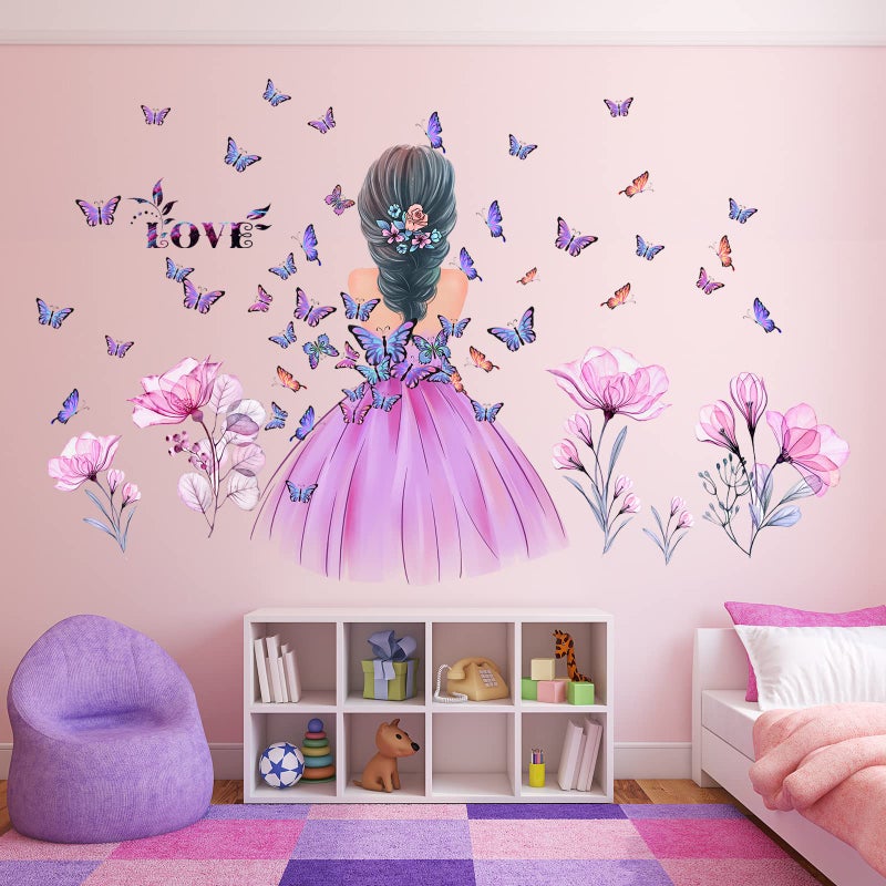 Amtoodopin Butterfly Girl Wall Stickers Flower Fairy Wall Decal Pink Floral Wallpaper Colorful Butterflies DIY Removable Vinyl Wall Art for Girls Baby Nursery Bedroom