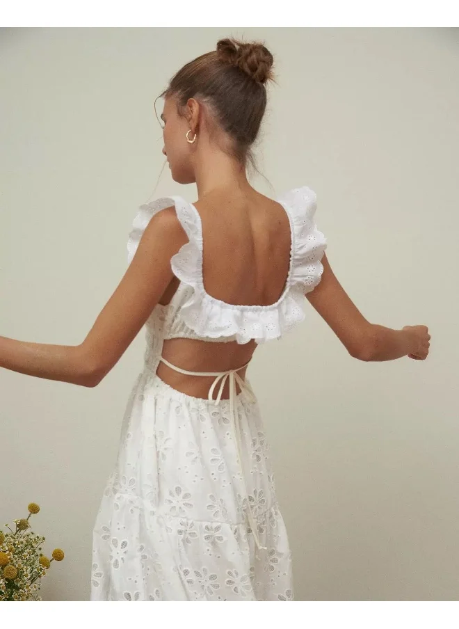 Madam Uniq White Backless High-Slit Cotton Embroidered Lace Holiday Maxi Dress