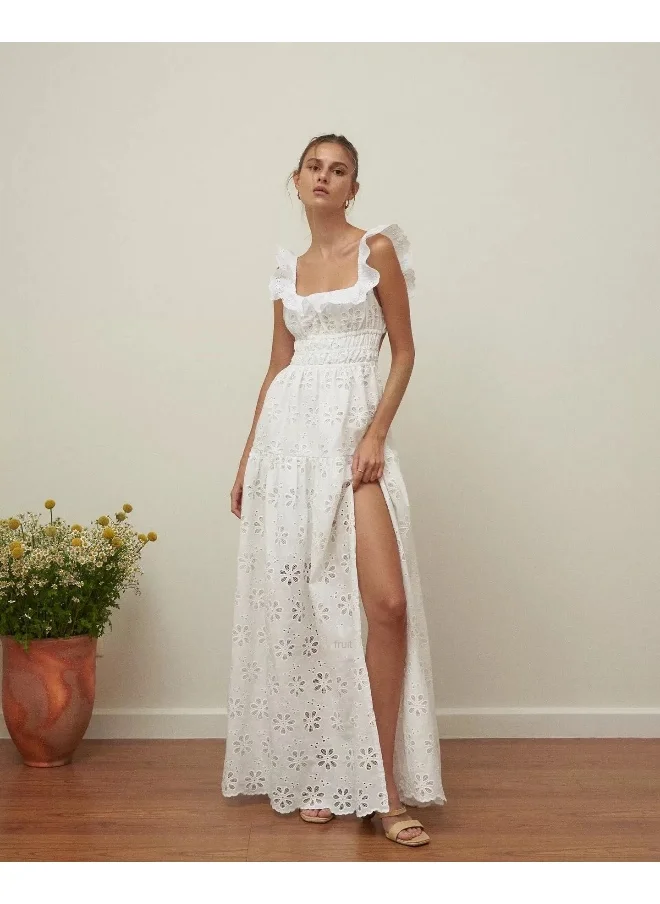Madam Uniq White Backless High-Slit Cotton Embroidered Lace Holiday Maxi Dress