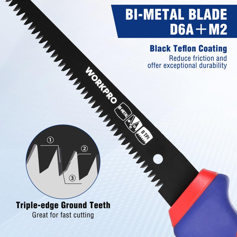 WORKPRO Drywall Saw, 6-inch Jab/Keyhole/Wallboard/Sheetrock Cutting Tool with Ergonomic Handle, Triple Ground Teeth, Faster Cutting Drywall Cutter with 8-TPI Bi-metal Blade - Image 3