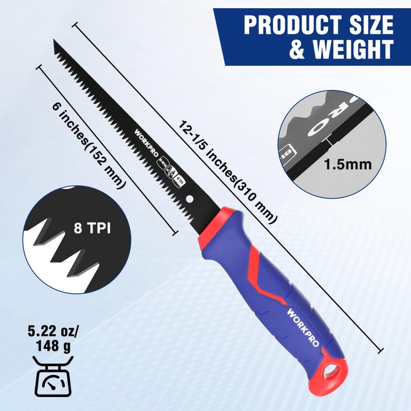 WORKPRO Drywall Saw, 6-inch Jab/Keyhole/Wallboard/Sheetrock Cutting Tool with Ergonomic Handle, Triple Ground Teeth, Faster Cutting Drywall Cutter with 8-TPI Bi-metal Blade - Image 2