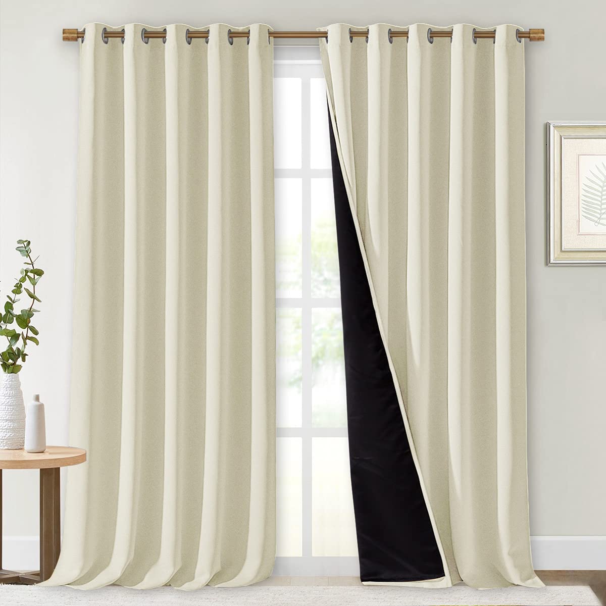 NICETOWN Living Room Completely Shaded Draperies Privacy Protection Noise Reducing Ring Top Drapes Black Lined Insulated Window Treatment Curtain PanelsBeige 2 Pieces W70 x L108