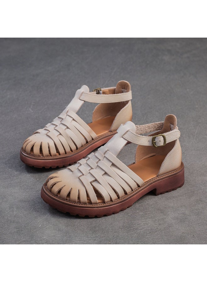 Jie Ti  New Summer Baotou Pig Cage Shoes Cut Out Breathable Woven Sandals Retro Roman Style First Layer Cowhide