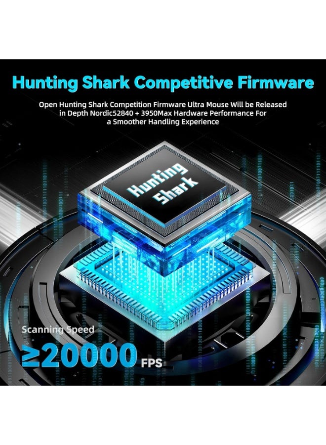 هجوم القرش ماوس ألعاب لاسلكي V5 خفيف الوزن للغاية 53 جرامًا، مستشعر بصري PAW3950MAX بدقة 42 ألف نقطة في البوصة، وحدة تحكم دقيقة Nordic 52840، 20000 إطار في الثانية، معدل استطلاع 8 كيلو هرتز، مستقبل LED، اتصال ثلاثي الأوضاع BT/2.4G/سلكي، بطارية قابلة لإعادة الشحن 500 مللي أمبير في الساعة - Image 5