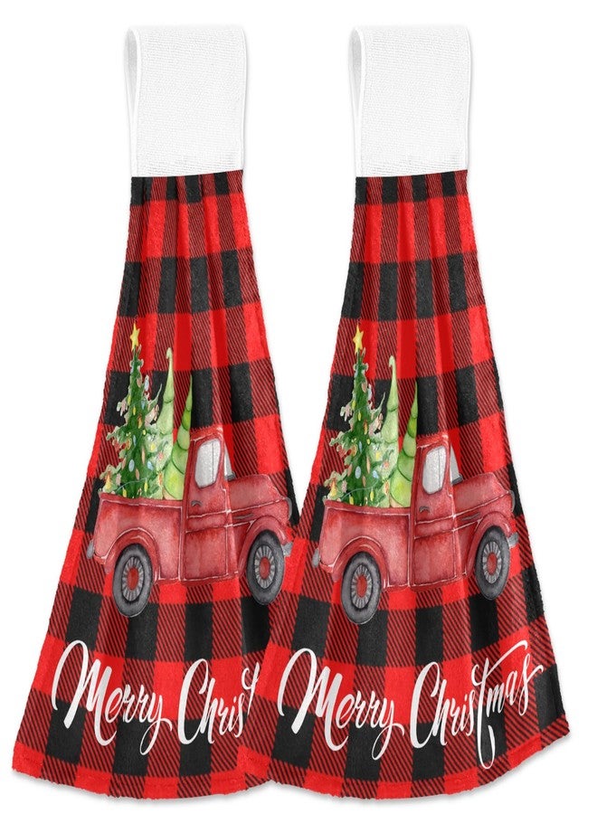 Boccsty Christmas Tree Truck Fingertip Bath Towels 2 Pcs New Year Red Black Plaid Tartan Hanging Kitchen Hand Towel Absorbent Dish Cloths for Bathroom Farmhouse Tabletop Home Decor - Image 1