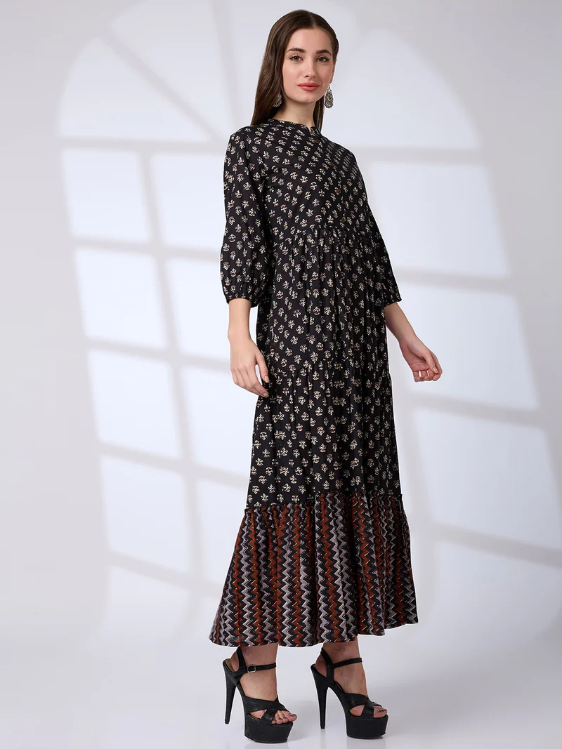 globus Women Mandarin Neck Bishop Sleeve Ethnic Print Tiered A-Line Work Wear Maxi Dress