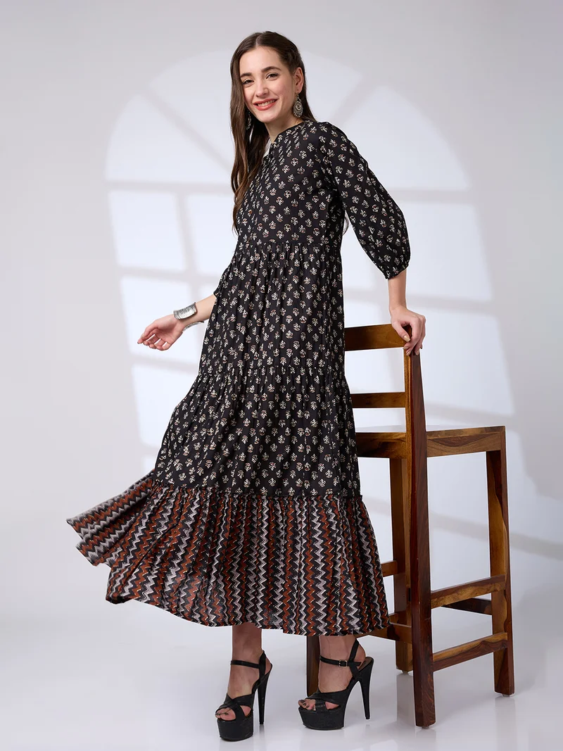 globus Women Mandarin Neck Bishop Sleeve Ethnic Print Tiered A-Line Work Wear Maxi Dress