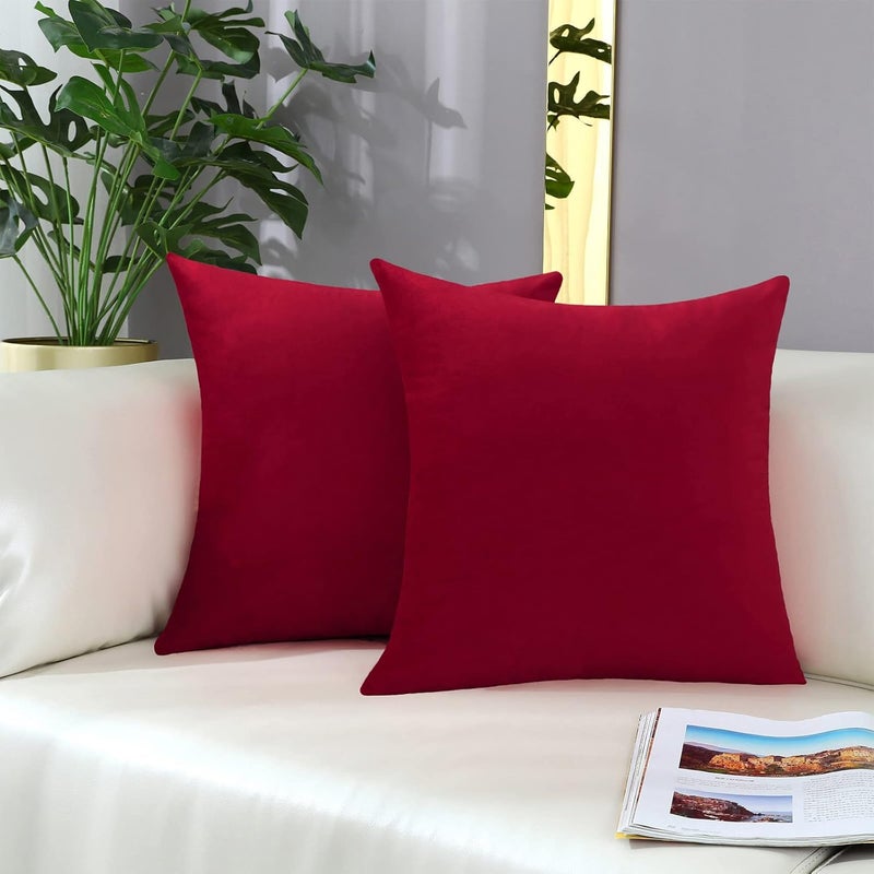 mixeoo Comfy Christmas Red Throw Pillow Covers Decorative Square Solid Thick Velvet Super Soft Cushion Cases Home Decor for Sofa Couch Living Room Chair, Set of 2, 18 x 18 Inch - Image 1