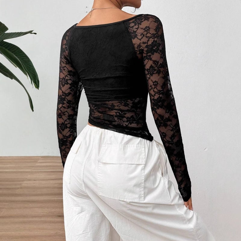 Women's Lace U-Neck Long Sleeve T-Shirt with Asymmetric Hem - Image 2