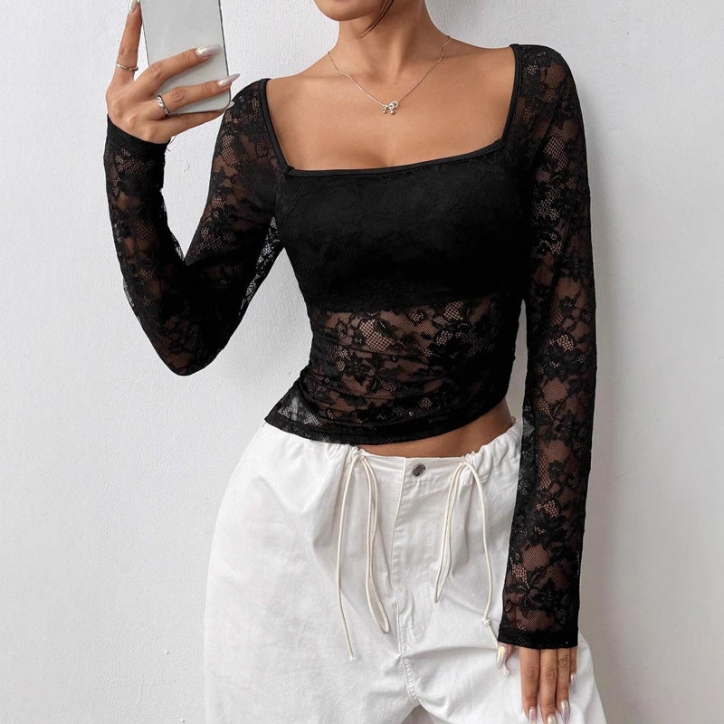 Women's Lace U-Neck Long Sleeve T-Shirt with Asymmetric Hem - Image 5