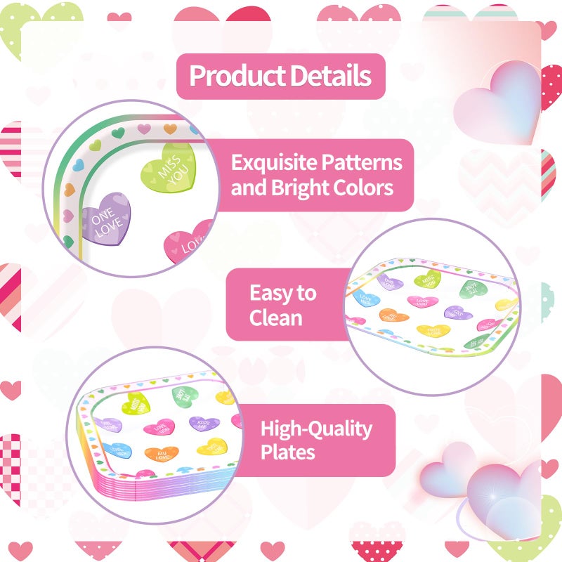 Photken 24 Pieces Valentineâ€™s Day Paper Plates â€“ 7 Inch Colorful Candy Heart Message Square Disposable Dessert Plates for Valentineâ€™s Parties, Weddings, Anniversaries, and Romantic Dinners - Image 3