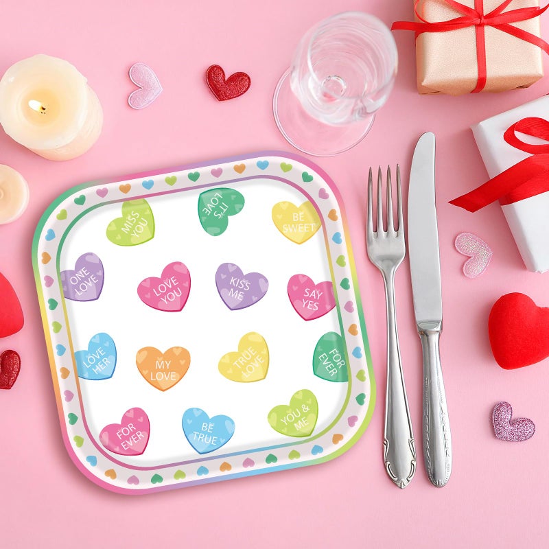 Photken 24 Pieces Valentineâ€™s Day Paper Plates â€“ 7 Inch Colorful Candy Heart Message Square Disposable Dessert Plates for Valentineâ€™s Parties, Weddings, Anniversaries, and Romantic Dinners - Image 4