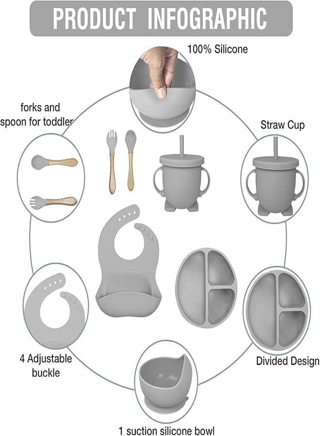 Jenibri 6PCS Silicone Baby Feeding Set - Suction Plate, Bowl, Bib, Spoon, Fork, Cup - BPA-Free, Non-Toxic, Microwave & Dishwasher Safe for Toddlers 6+ Months (Grey) - Image 2