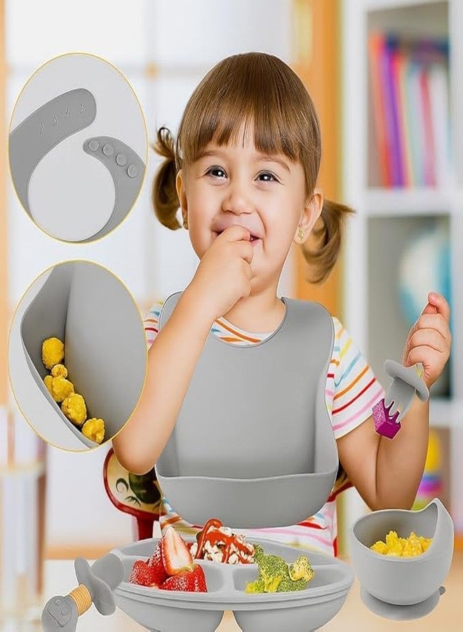 Jenibri 6PCS Silicone Baby Feeding Set - Suction Plate, Bowl, Bib, Spoon, Fork, Cup - BPA-Free, Non-Toxic, Microwave & Dishwasher Safe for Toddlers 6+ Months (Grey) - Image 5
