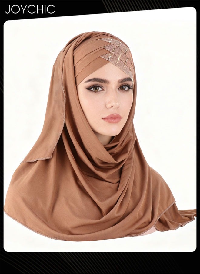 Joychic حجاب مسلم حجاب فوري للنساء لامع بخرز للجبين كوفية إسلامية وشالات لف طويلة عصرية شيفون وشاح غطاء رأس فاخرة للنساء والفتيات بني - Image 1