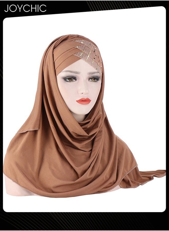 Joychic - Muslim Hijab Instant Hijab for Women Glitter Sequin Forehead Cross Turban Islamic Head Scarves Shawl Wrap Long Fashion Chiffon Scarf Premium Head Cover for Women and Girls Brown - Image 1