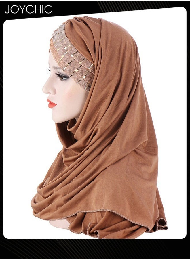 Joychic - Muslim Hijab Instant Hijab for Women Glitter Sequin Forehead Cross Turban Islamic Head Scarves Shawl Wrap Long Fashion Chiffon Scarf Premium Head Cover for Women and Girls Brown - Image 1