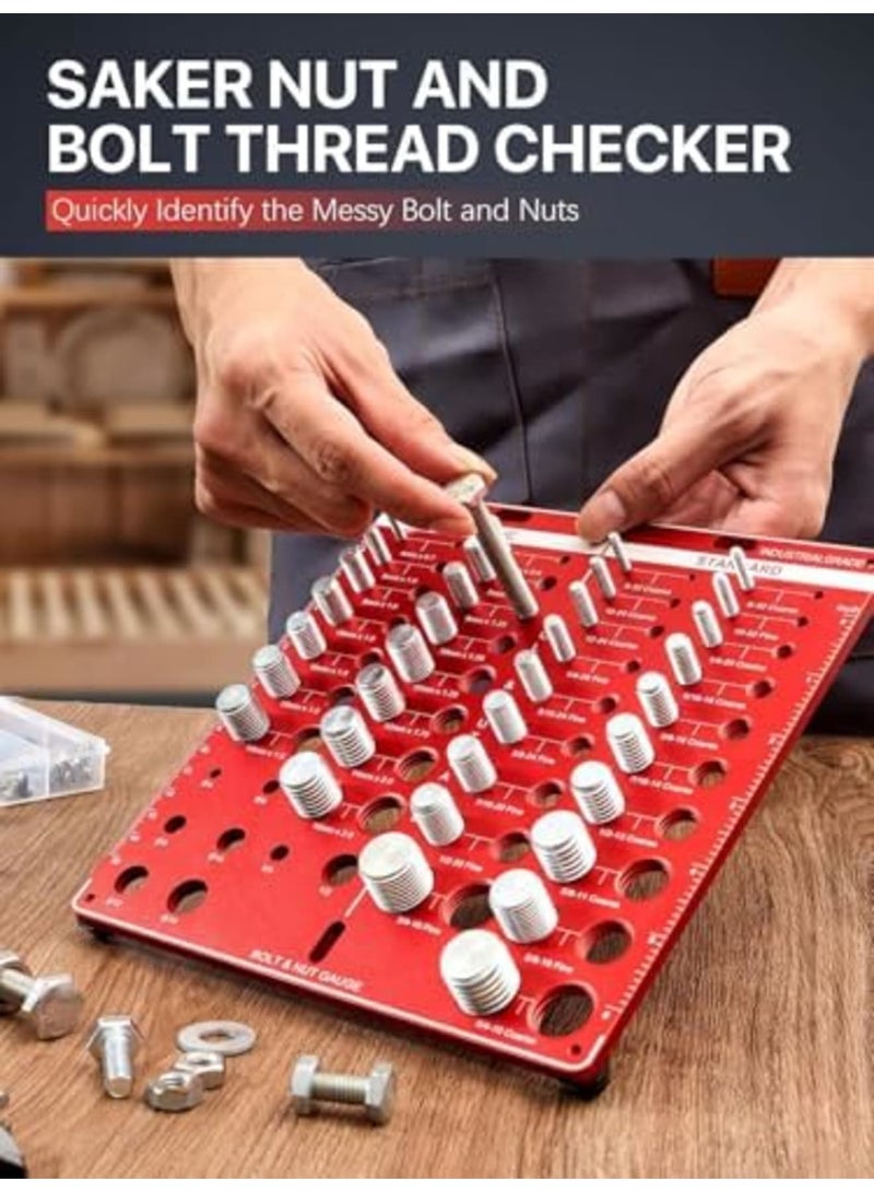 SYOSI Thread Checker Tool Set, Nut and Bolt Thread Identifier with 15 Metric, 19 Standard, 8 Drill Bit Gauge, Thread Pitch Checker, Wall-Mountable with Inch & Cm Ruler (42-Piece,Red) - Image 2