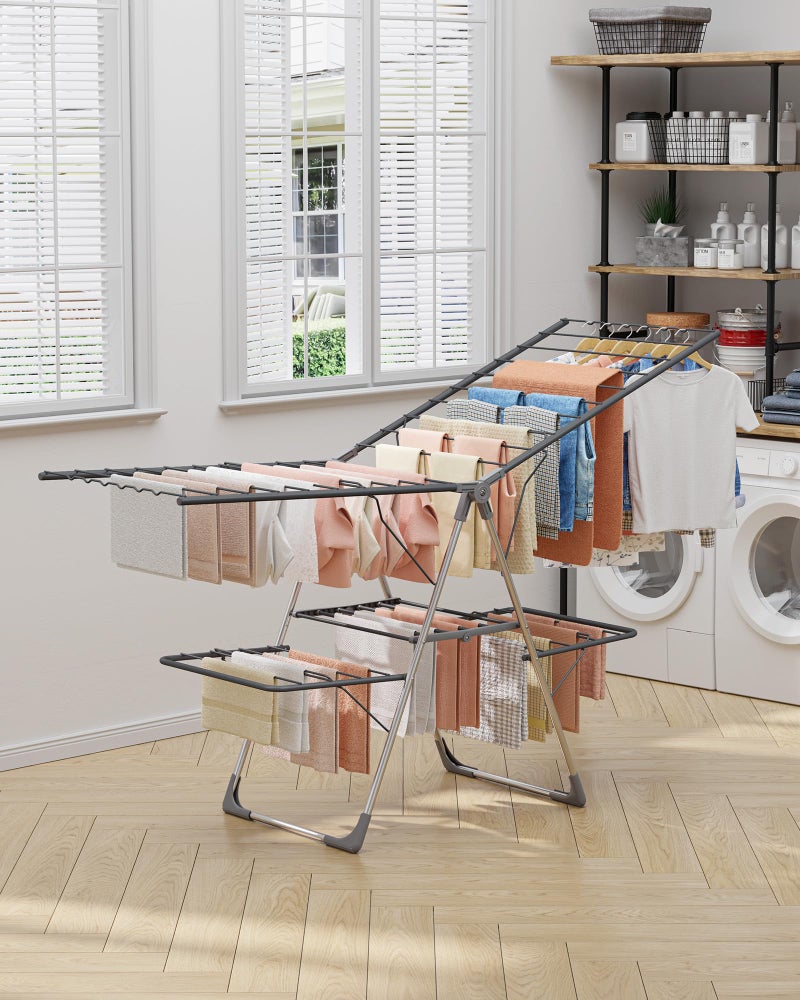 Sakugi Clothes Drying Rack, Foldable 2-Level Laundry Drying Rack with Height-Adjustable Wings, for Clothing & Bedding, Free-Standing Space-Saving Rack, Indoor & Outdoor, 70" L Ã— 22.8" W, Gray - Image 3