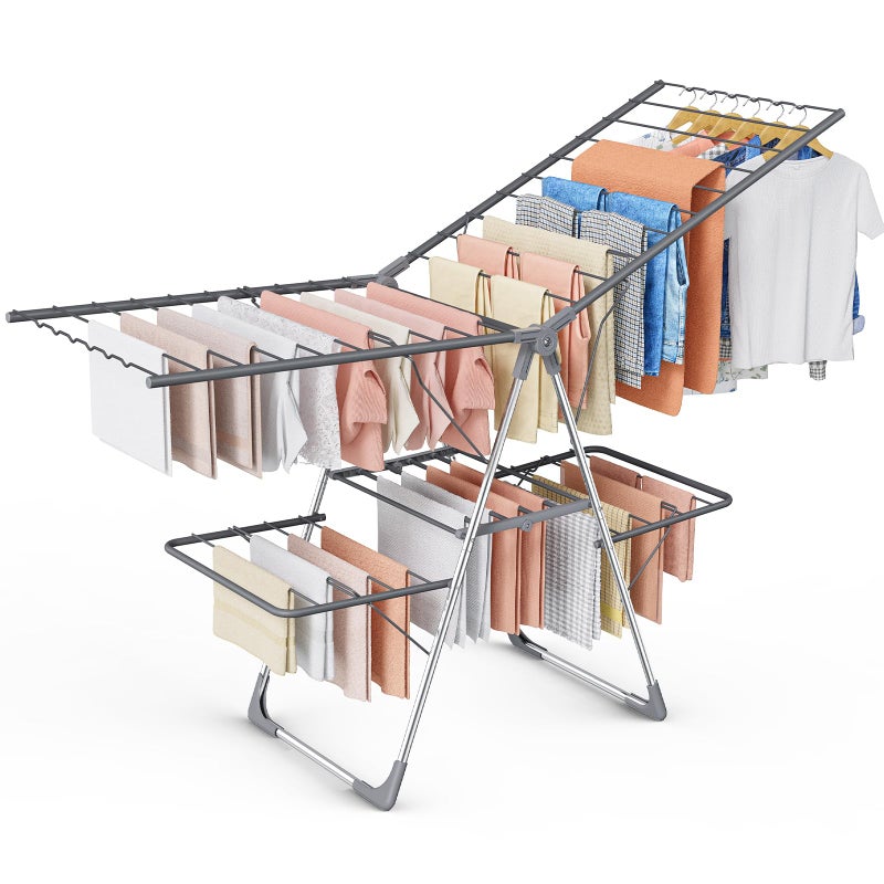 Sakugi Clothes Drying Rack, Foldable 2-Level Laundry Drying Rack with Height-Adjustable Wings, for Clothing & Bedding, Free-Standing Space-Saving Rack, Indoor & Outdoor, 70" L Ã— 22.8" W, Gray - Image 1