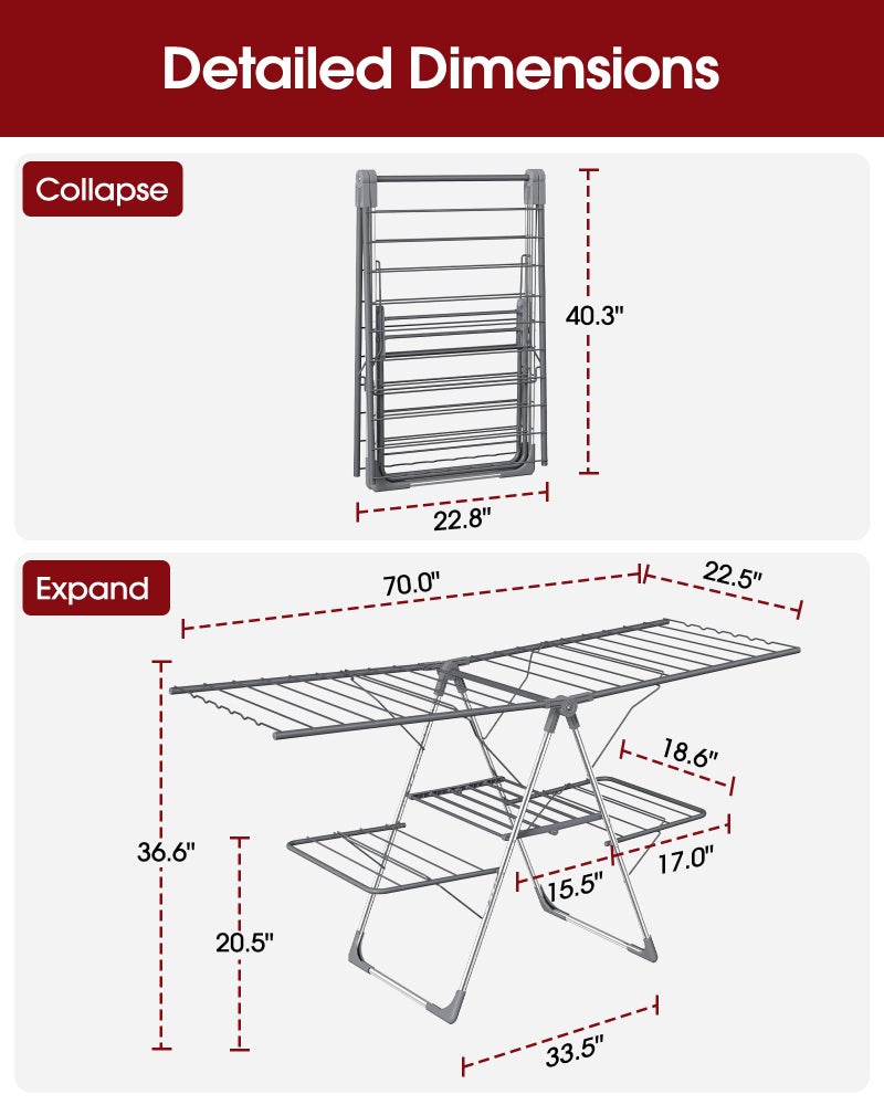 Sakugi Clothes Drying Rack, Foldable 2-Level Laundry Drying Rack with Height-Adjustable Wings, for Clothing & Bedding, Free-Standing Space-Saving Rack, Indoor & Outdoor, 70" L Ã— 22.8" W, Gray - Image 2